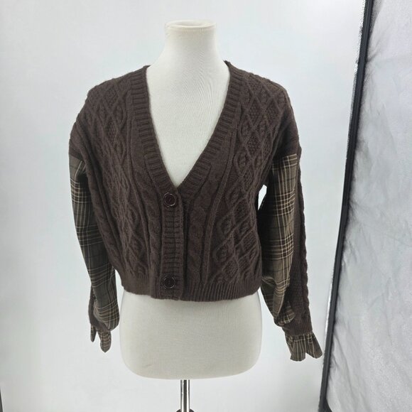 Gabby Isabella Brown Cable Knit Plaid Sleeve Button Front Cropped Cardigan Sweat - Picture 2 of 12